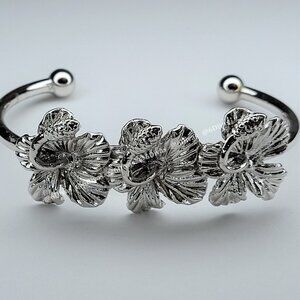 Rhodium Plated Hibiscus Cuff Bangle Bracelet